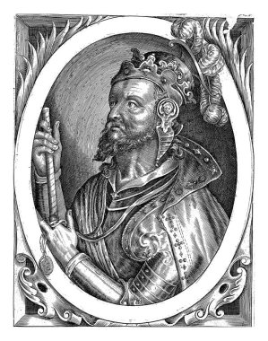 Kral Arthur, Dokuz Kahraman 'dan biri olarak, Geçmişten William, 1621 - 1636 Hristiyan kahraman Kral Arthur. Latince sınır harfleriyle oval çerçevede basılmış..
