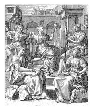 Beş Bilge Bakire, Crispijn van de Passe, Maerten de Vos 'tan sonra, 1589 - 1611 Avlusu çeşitli faaliyetlerde bulunan beş bilge bakire (dikiş, örgü, dokuma, okuma ve yazma).