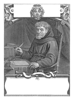 Petrus Marchant 'ın portresi, 76 yaşında. O, alışkanlık içinde ve bir yazı masasında oturuyor. Sağ elinde bir tüy kalem tutuyor..