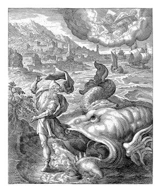 Balıklar karaya Jonah 'ı kusar, Crispijn van de Passe (I), Maerten de Vos' tan sonra, 1574 - 1637 balığın karnında üç gün ve gece hayatta kaldıktan sonra, balık karaya Jonah 'ı kusar..