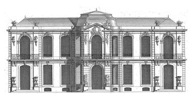 Carl Albert von Lespilliez, Francois de Cuvillies 'in (Sr.) ardından, kemer, balkon, vazo, putti ve büstlerin bulunduğu bir kır evi cephesi..
