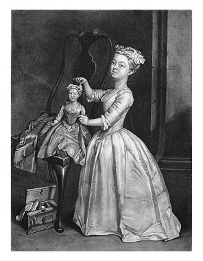 Bebekli bir kız, Alexander van Haecken, Joseph van Haecken 'den sonra, 1735 - 1757 Bir kız bebeğinin oturduğu sandalyenin yanında duruyor..