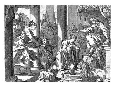 Esther, Ahasuerus 'tan önce, Jacopo Cotta, Johann Christoph Storer' dan sonra veya 1689 'dan önce, Esther hizmetkarlarıyla birlikte Kral Ahasuerus' un önünde diz çöker.).