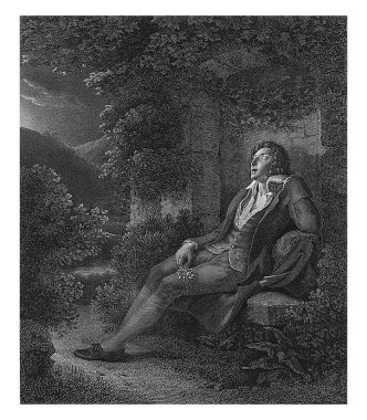 Jean-Jacques Rousseau 'nun portresi, 1824' te Joseph Albrier 'den sonra, Hippolyte Huet, bir bahçede oturuyordu.