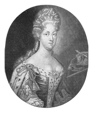 Christina Ewartina van Saksen 'in portresi, Pieter Schenk (I), 1670 - 1713 Christina Ewartina, Saksonya Düşesi, saçında inci kolyelerle. Onun yanında tacı.