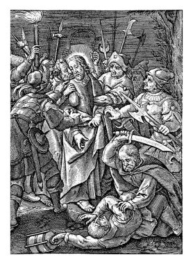 Judas Kiss and Arrest of Christ, Hieronymus Wierix, 1563 - 1619 'da Yehuda İsa' yı yanağından öpmeden önce. Askerler etrafını sardı ve onu tutukladı..