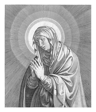 Mater Dolorosa rolünde Mary, Hieronymus Wierix, 1563 - 1612 'den önce yas tutan Mary' nin elleri dua ederken katlandı. Kafasının arkasında bir halo var..