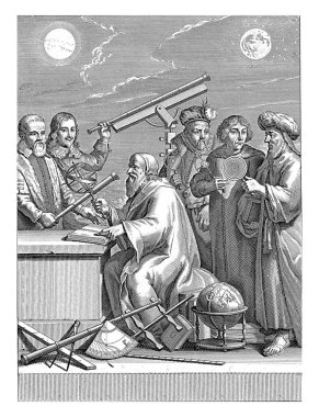 Six astronomers, Joseph Mulder, after Gerard Hoet (I), 1692 From left to right, the astronomers Galileo Galilei, Johannes Hevelius, Tycho Brahe, Nicolaas Copernicus and Claudius Ptolemy clipart