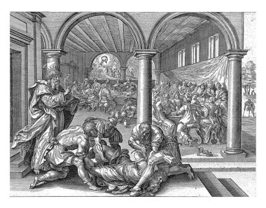 Gelinliği olmayan bir adam kralın hizmetkarları tarafından alınır. Kral onlara el ve ayaklarının bağlanmasını emrediyor. Sağda, misafirlerin yemek yediği düğün partisi..