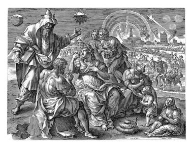 Kutsal Yerlerin Yıkılması, Hieronymus Wierix, Maerten de Vos 'tan sonra, 1583 erkek, kadın ve çocuk şehrin varoşlarında toplandı..