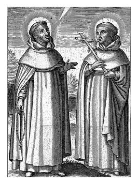 Saint John and Saint Andrew, Martin Baes, 1618 Page from a book with Saint John and Saint Andrew. Both in Dominican habit. John wears a rosary, Andrew a crucifix. clipart