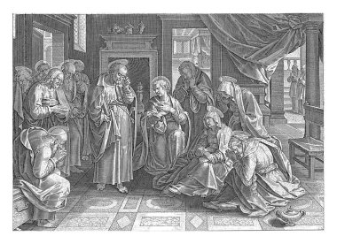 Meryem ve İsa 'nın yasını tutan havariler, Jan van der Straet' ten sonra 1646 'da bir oturma odasının ortasında havariler, Meryem ve birkaç kadın oturuyordu..