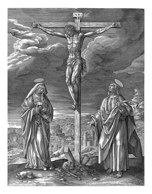 Çarmıhtaki İsa, Hieronymus Wierix, Maerten de Vos 'tan sonra, 1584' te İsa 'nın bedeni çarmıha gerildi. Mary ve John çarmıhın dibinde yas tutuyorlar..