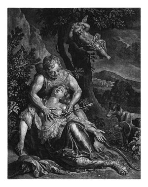 Cephalus ve Procris, Jan Broedelet, Gerard Hoet 'tan sonra, 1670-1700 bir manzarada, Procris sevgili Kefalus' unu kazara avlanırken bir okla delip geçtikten sonra ölümden kurtarmaya çalışır..