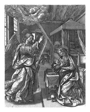 Johannes Wierix, 1549 'da Maerten de Vos' tan sonra, 1585 'ten önce Bakire odasında masasında diz çöküyor. Melek Gabriel tarafından ziyaret ediliyor..