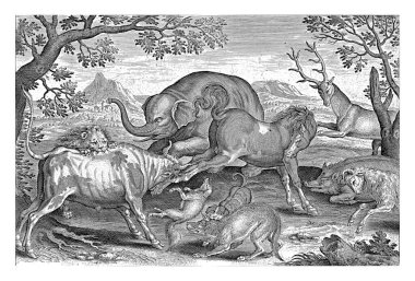 Savaşan hayvanlar, Adriaen Collaert, 1595 - 1599 Bir aslan, bir boğa, bir tilki, bir kurt, bir köpek, bir domuz, bir keçi, bir at, bir fil ve bir geyik birbiriyle savaşıyor.
