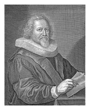 Teolog ve yazar Gerardus Joannes Vossius 'un portresi. Kenarında sekiz satırlık bir övgü şiiri, iki sütunda, Latince.