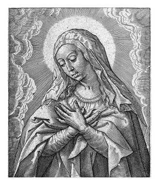 Bakire Meryem, Hieronymus Wierix, 1563 - 1619 'dan önce Bakire Meryem, ellerini göğsünün önünde bağrına bastı. Kenarında Latince bir başlık.