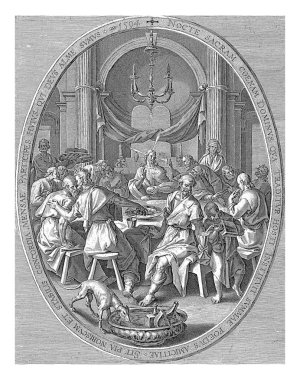 Son Akşam Yemeği, Crispijn van de Passe (I), Joos van Winghe 'den sonra, 1594 İsa ve havarileri bir masanın etrafında oturur. İsa ekmeği tutar ve kutsal bir jest yapar..