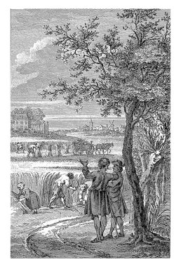 İki Adam Bir Hasat Peyzajına Bakar, Reinier Vinkeles (I), 1751 - 1816, eski oyma.