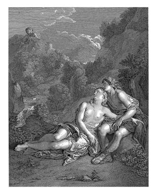 Acis ve Galatea Polyphemus tarafından izlendi, Edme Jeaurat, Charles de Lafosse 'dan sonra, 1722, vintage gravür.