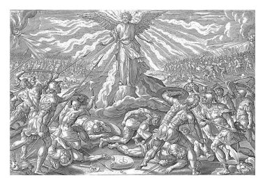 Third Vision of Ezra: The Crowd Fighting the Man from the Sea, Maerten de Vos, 1585 The Third Vision of Ezra. He sees a crowd of people fighting a winged man who has fled on a mountain. clipart