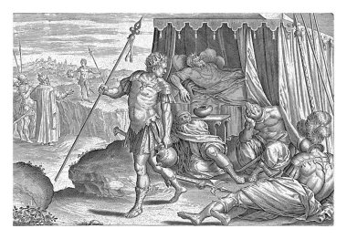 David Saul 'un hayatını bağışlıyor, Hans Collaert (ben) (muhtemelen), Ambrosius Francken (I)' den sonra, 1585 'te David, Saul' un mızrağını ve sürahisini çalar..
