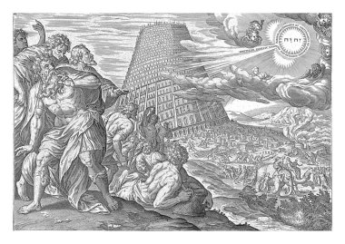 Dillerin Babil 'deki karışıklığı, Hans Collaert, Jan Snellinck' ten sonra, 1643 Tanrı, halo ve melek şeklinde, Babil kulesinde gökyüzünde belirir..