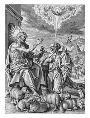 İsa, Cennetin anahtarını Peter 'a teslim eder, Hieronymus Wierix, Maerten de Vos' tan sonra, 1563 - 1611 'den önce İsa, çoban Peter' a, onun önünde diz çökmüş, cennetin krallığının anahtarlarını verir..