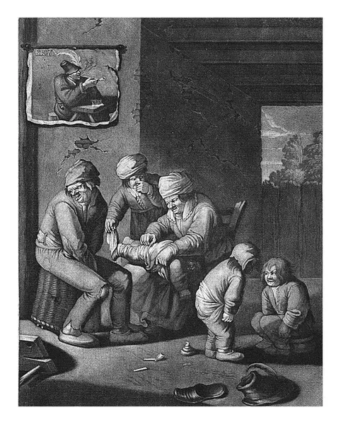 香りのセンス ピエーター シェンク アンドリーズ 1670年 1713年 部屋で 女性は子供のタトゥーをきれいにし 隣にいる男が顔を向けて舌を突き出した — ストック写真