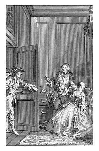 在1749年休伯特 弗兰西斯 格拉韦洛 Hubert Francois Gravelot 宣布他对坐在索菲亚房间里看书的索菲亚的爱之后 费拉玛勋爵拜访了索菲亚 — 图库照片