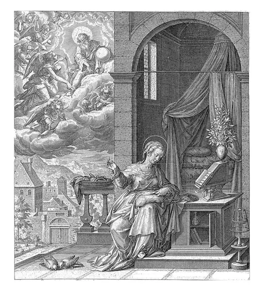 1588 1595年弗雷德里克 苏斯特里斯之后 上帝派天使加布里埃尔去见玛丽 萨德勒 在正确的前景上 玛丽正坐在一个做针线活的平台上 — 图库照片