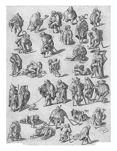Sakat dilenciler, soytarılar ve müzisyenler, isimsiz, Jheronimus Bosch 'tan sonra, 1570 - 1601 Çeşitli sakat dilenciler, soytarılar ve müzisyenler. Bazıları koltuk değneklerine yaslanır ya da tahta bir bacağı olur..