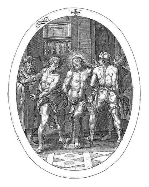 对基督的鞭笞 一千六百基督 绑在一根柱子上 被士兵鞭打 彼拉多站在左边角落里看着 — 图库照片