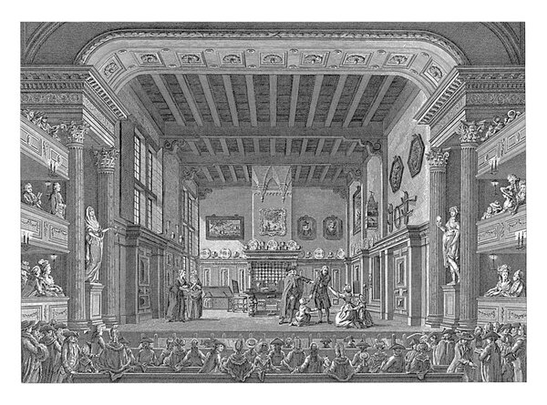 Decor with the old-fashioned burgher room in the Nieuwe Schouwburg in Amsterdam, Cornelis Brouwer, after Pieter Barbiers (I), after Daniel Kerkhoff, 1787.