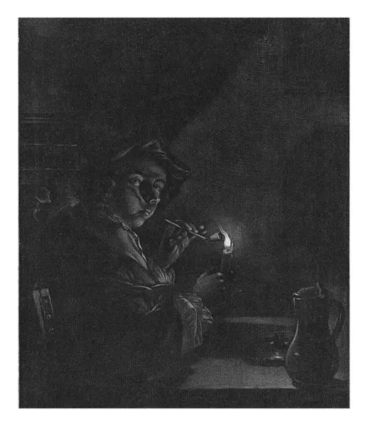 Man Lights His Pipe, Jan Stolker, after Godfried Schalcken, 1734 - 1785 A young man lights his pipe with a candle. He sits on a chair at a table on which a jug.