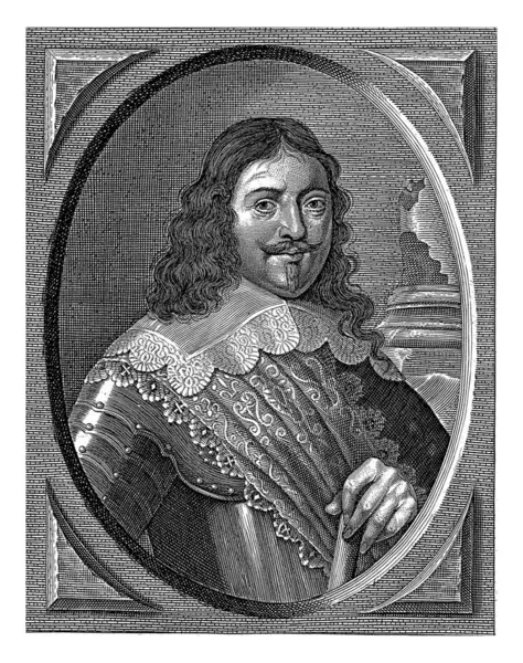 Zırhlı asker Gillis de Haes 'in portresi. Kenar boşluğunda Latince isim ve fonksiyon vardır..