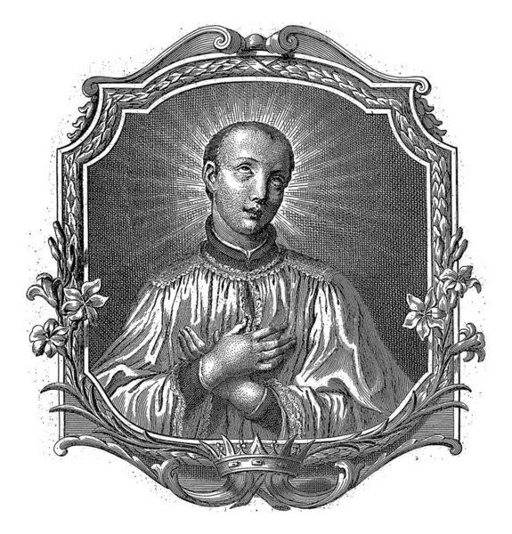 Aziz Aloysius Gonzaga, A. Ceccherelli, Sigismondo Betti 'den sonra, 1700 - 1799 Saint Aloysius Gonzaga zambaklarla süslü bir çerçevede.