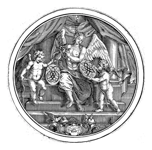 裸の翼の女性と2つのカップと愛のシンボルを持つメダル ビロン 1732 裸の翼の女性がペダルに登場し 2つのカップルによる恋人のイニシャルで2つの盾で提示されます — ストック写真