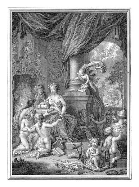 Allegory of the Art of Writing, Simon Fokke, 1746 The personification of the Art of Writing sits with a quill in hand at a table where three kneeling nude women hold out her writing utensils.