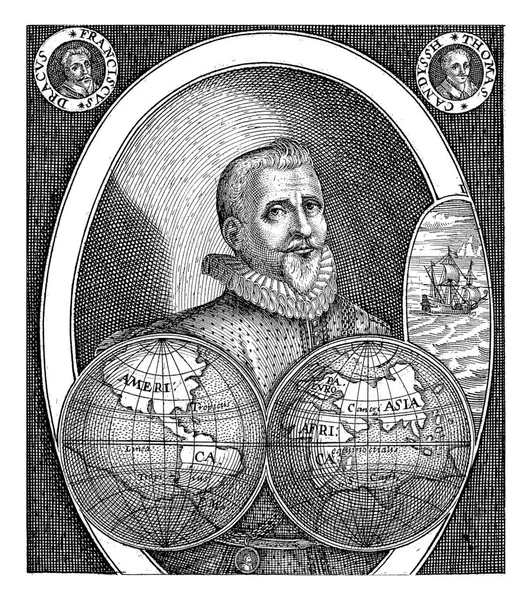 奥利维尔 诺特的肖像 克里斯蒂安 Crispijn Van Passe 奥利维尔 诺特海军上将的肖像 42岁 带着世界地图和他的船 图库照片