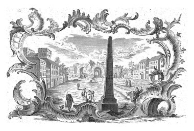 Franz Xaver Habermann 'dan sonra, Rocaille Cartouche, Emanuel Eichel' deki kalıntılar, 1731 - 1775 manzaralı yapılar, harabeler ve dikilitaşlı figürler. Rocaille çerçevesinde.