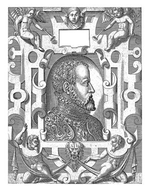 II. Philip 'in portresi, İspanya Kralı Niccolo Nelli, 1569 Altın Örtü Zinciri' nin portresi, Mannerist süsleme motifleriyle çevrili..