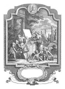 Etrurya tarihi üzerine kinayeli bir yazı, Jan Caspar Philips, 1752 Etrurya haritasının ve Pisagor 'un portresini içeren bir madalyonun bulunduğu bir anıtta..