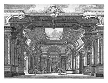Lahey 'deki Nederduitse Schouwburg' da sahne, Paulus Constantijn la Fargue, Johannes van der Wal 'dan sonra, 1767, asker gibi giyinmiş dört aktör sahnede duruyor..