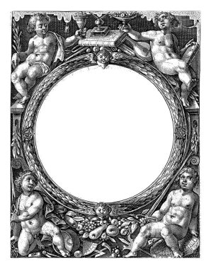 Latince başlık ve adanmışlığı ile Crispijn van de Passe (I), 1601 Madalyon serisi için başlık baskısı. Dört köşede, nitelikli ve çeşitli dekorasyonlu bir putti..