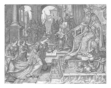 Esther, Ahasuerus 'un önünde, Philip Galle, 1564, Esther, Kral Ahasuerus' un önünde diz çöker ve onu bir ziyafete davet eder. Ahasuerus tahtına oturur ve asasıyla Esther 'in çenesine dokunur..