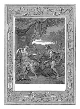 Meleager ve Atalanta, Bernard Picart (atölye çalışması), 1733 Meleager Calydonian domuzunun başını Atalanta 'ya verir. Kenar boşluğunda Fransızca, İngilizce, Almanca ve Hollandaca başlık.