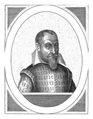 Jonas Charisius 'un portresi, Hendrick Hondius (I), 1608 Baskını, Jonas Charisius' un portresinin sağında, oval bir çerçevede, Latince adı ve başlığı yazılı bir yazı ile..