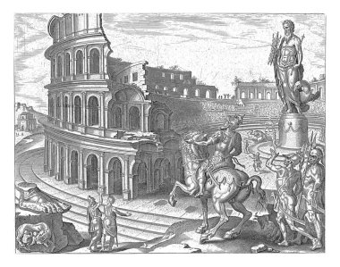 Roma 'daki Colosseum, Philips Galle, Maarten van Heemskerck' ten sonra, 1581 - 1633 Roma Kolezyumu kalıntıları. Kolezyumun merkezinde Jüpiter 'in bir heykeli var. Devam eden kavgalar var..